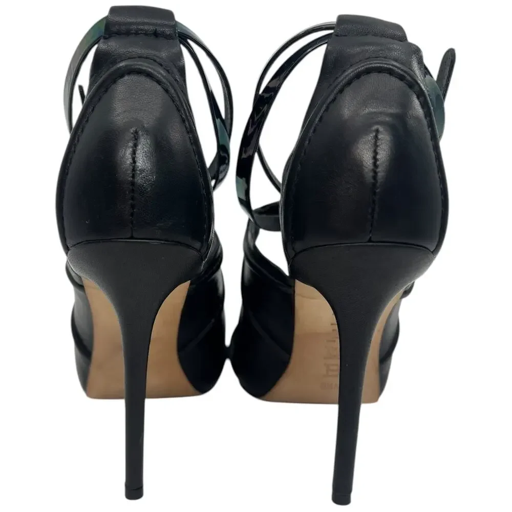 L.A.M.B. Gwen Stefani Black Leather Strappy Heels Iridescent Strap Stiletto 6.5